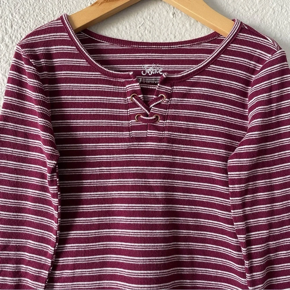 Justice Thermal Top Girls 7 Striped Maroon White Lettuce Edge Long Sleeve Shirt